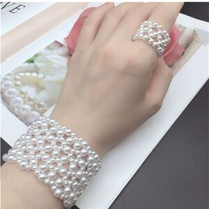 1set Elegant & Minimalist Acrylic Faux Pearl Elastic Bracelet & Hollow Ring Set